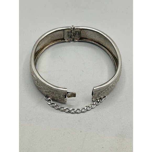 Vintage Ornate Silver Tone Hinged Bangle Bracelet with Safety Chain - Picture 6 of 10